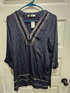 Navy Embroidered V-Neck Women's Tunic